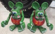 Lot Of 2 Cast Metal Rat Fink Statues