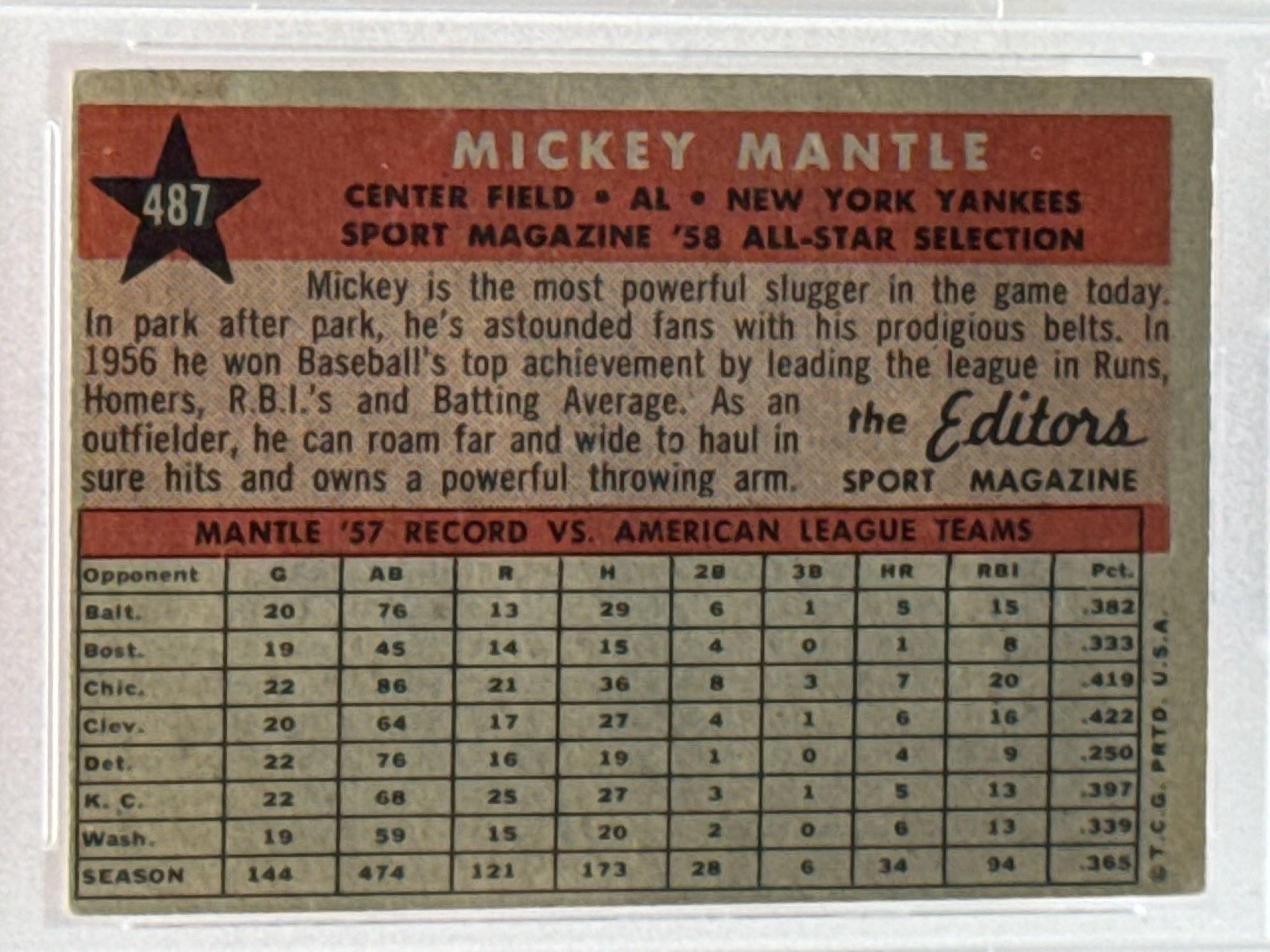 Graded 1958 Mickey Mantle All Star Topps Baseball Card EX 5