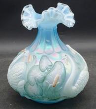 Fenton Blue Satin Iridescent Glass hand Painted Swan Vase