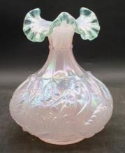 Fenton Opalescent Champagne Pink Satin Swan Vase with Sea Mist Green Crest