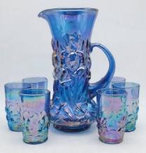Fenton Iris Blue Carnival Glass Pitcher & 6 Tumblers