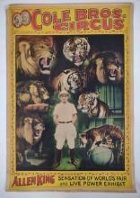 Large Early Cole Bros Circus Allen King Linen Backed Circus Poster
