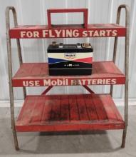 Vintage Mobil Service Station Auto Batteries Display Shelf Rack w/ NOS Battery