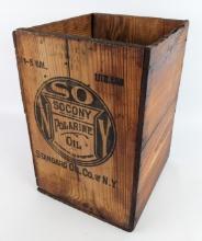 Early SOCONY Polarine Oil 5 Gallon Can Wooden Shipping Crate