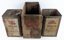 (2) Early Gargoyle Mobiloil ÒAÓ 5 Gallon Oil Cans w/ Wood Crate