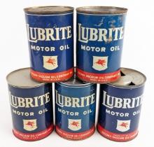 (5) Vintage Mobil Lubrite Motor Oil One Quart Metal Oil Cans