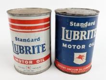 (2) Vintage Mobil Standard Lubrite Motor Oil One Quart Metal Oil Cans