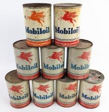 (9) Vintage Mobiloil One Quart Metal Oil Cans