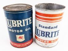 (2) Vintage Mobil Lubrite 5 Quart Metal Oil Cans