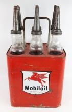Vintage Mobiloil Glass Oil Bottle Carrier Rack w/ SSP Sign & (6) Bottles