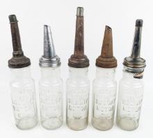 (5) Early SOCONY One Quart Glass Oil Bottles w/ Spouts