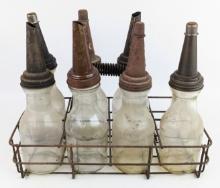 (7) Vintage Glass One Quart Oil Bottles w/ Spouts & Carrier