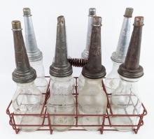 (8) Glass Quart Oil Bottles w/ Gargoyle Mobiloil Embossed Spouts & Carrier