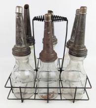 (6) Glass Quart Oil Bottles w/ Gargoyle Mobiloil ÒAÓ Embossed Spouts & Carrier