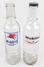 (2) Vintage UK Mobiloil Imperial Quart Glass Oil Bottles