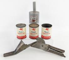 Vintage Mobil Upper Lube 4oz Cans / Dispenser & Funnel Spout