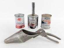 Vintage Mobil Upper Lube 4oz Cans / Dispenser & Funnel Spout