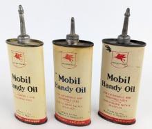 (3) Early SOCONY Mobil Lead Top Handy Oil 4oz Oiler Cans