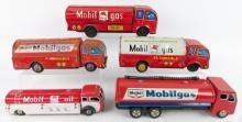 (5) Vintage Mobil Service Station Tin Litho Japan Friction Toy Tanker Trucks