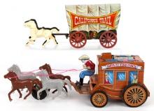 Tin Friction Cap Action Santa Fe Stage Coach & California Trail Covered Wagon