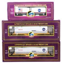 MTH NASAa Tank Car, Flat Car w/ Center Rocket Segment, & Flat Car w/ Exit & Nose Cone
