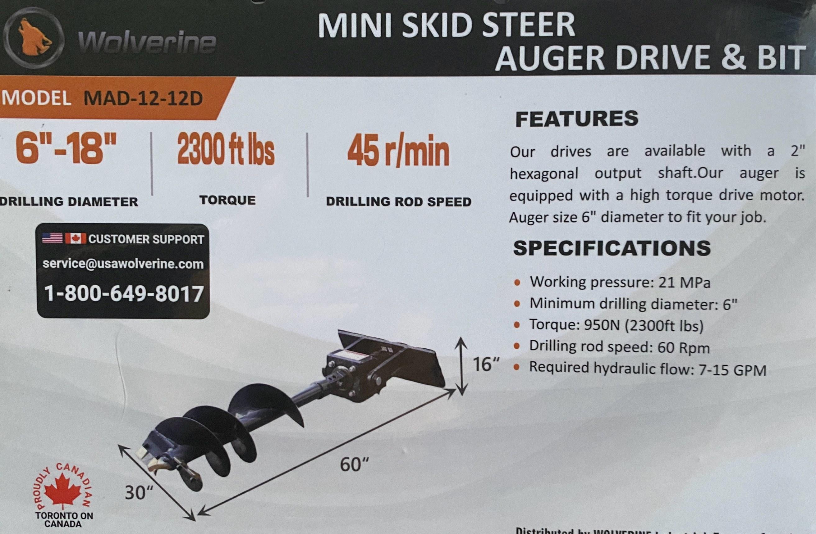 2025 Wolverine Mini Skid Steer Auger Drive & Bit