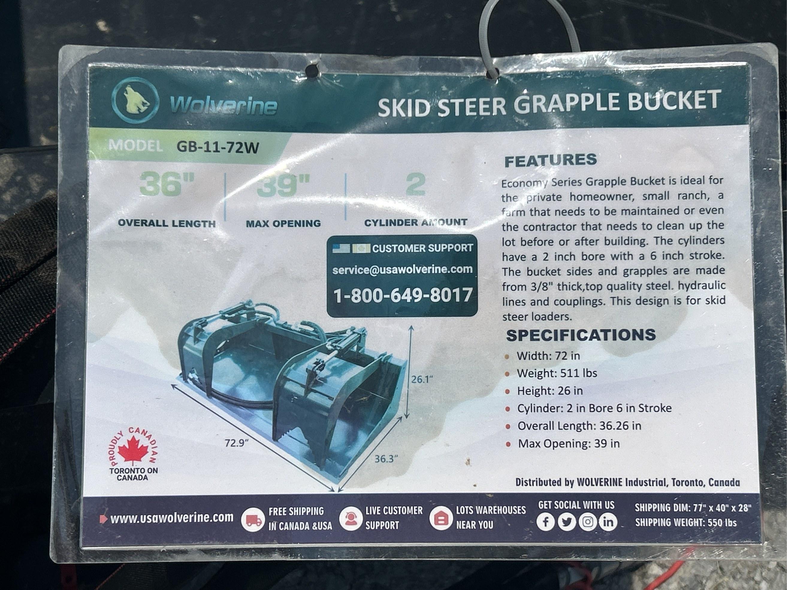 2025 Wolverine 72" Hydraulic Grapple Bucket
