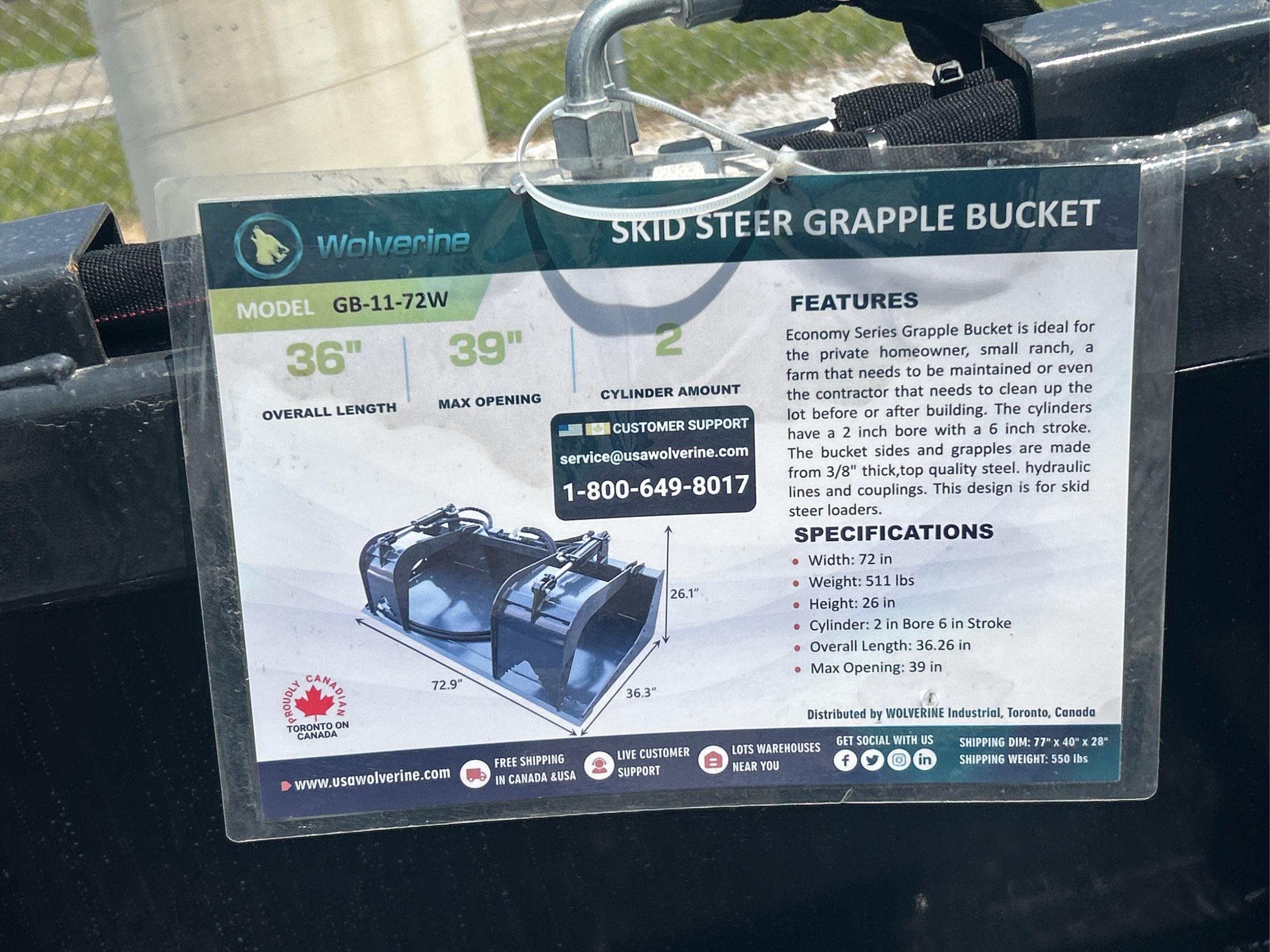 2025 Wolverine 72" Hydraulic Grapple Bucket