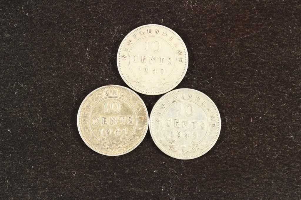 1940, 1941 & 1945 NEWFOUNDLAND SILVER 10 CENTS