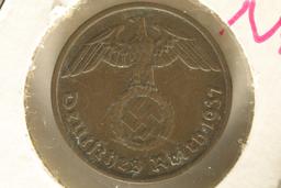 1937-F GERMAN 2 REICHSPFENNIG WITH SWASTIKA