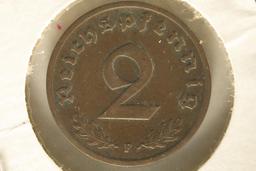 1937-F GERMAN 2 REICHSPFENNIG WITH SWASTIKA