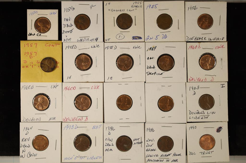 ERRORS: 20 ASSORTED LINCOLN CENT MINOR ERRORS: