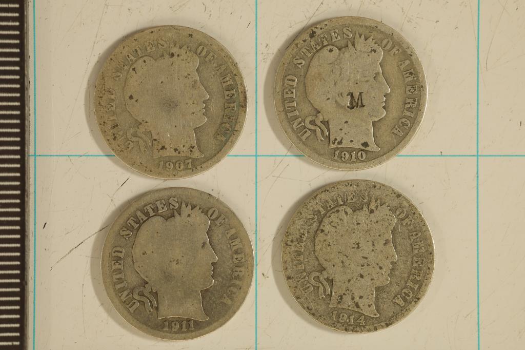 1907-S, 10, 11-D & 1914-D SILVER BARBER DIMES