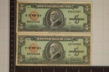 2-1960 CUBA 5 PESO BILLS.