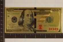 GOLD FOIL REPLICA OF A US $100 BILL. CRISP UNC.