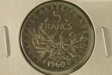 1960 FRANCE SILVER UNC 5 FRANCS .3222 OZ. ASW