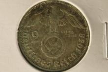 1938 GERMAN SILVER 2 MARK WITH SWASTIKA .1608