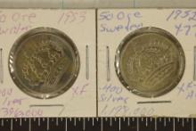 1952 & 1953 SWEDEN SILVER 50 ORE  .1234 OZ. ASW