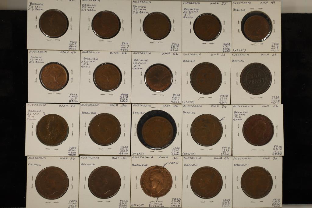 ERRORS 20 AUSTRALIA COINS, 8 HALF PENNIES (1921-
