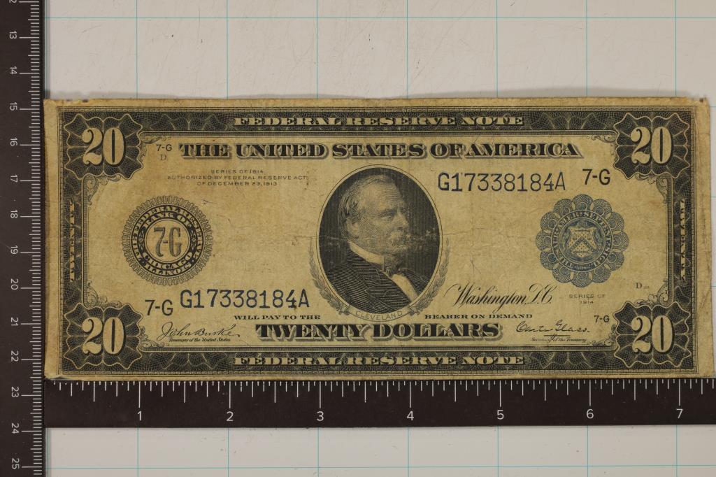 1914 US $20 LARGE SIZE FEDERAL RESERVE NOTE BLUE