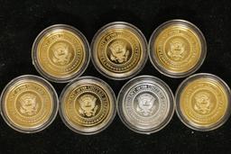 7 PRESIDENTIAL COLORIZED TOKENS.  5-GOLD COLORED