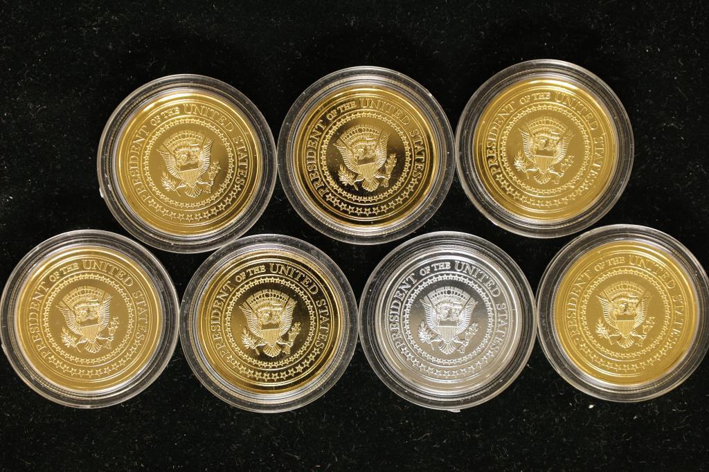 7 PRESIDENTIAL COLORIZED TOKENS.  5-GOLD COLORED