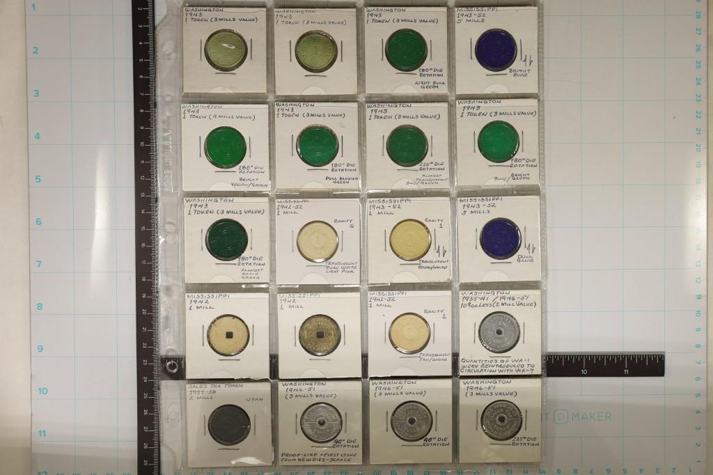 20 ASSORTED TAX TOKENS: 4 METAL, WASHINGTON