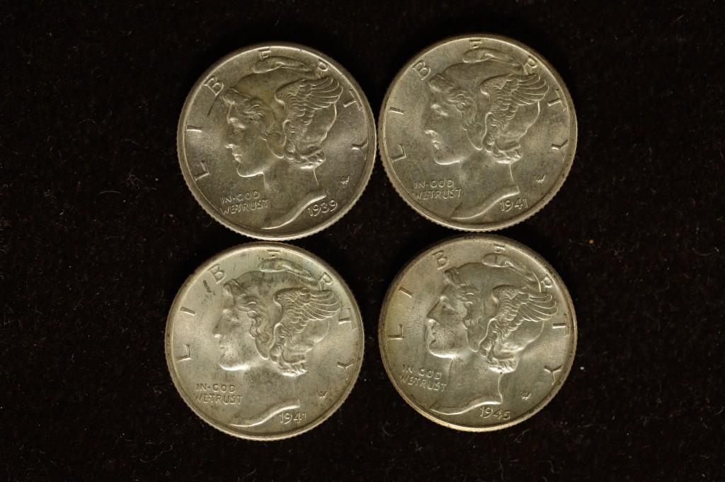 1939, 2-1941-D & 1945 SILVER MERCURY DIMES AU+