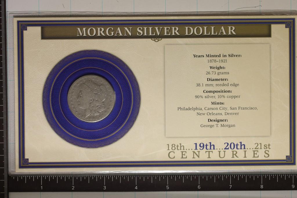 1882 MORGAN SILVER DOLLAR ON INFO CARD WITHIN
