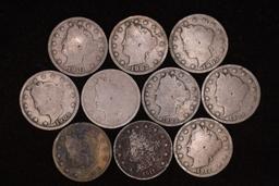 10 ASSORTED LIBERTY "V" NICKELS: 1901-1912