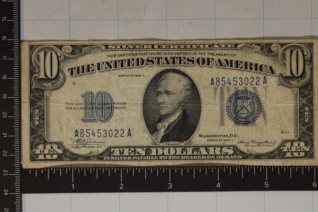 1934-A US $10 SILVER CERTIFICATE BLUE SEAL