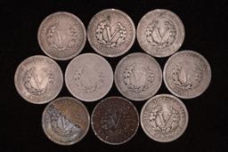 10 ASSORTED LIBERTY "V" NICKELS: 1901-1912