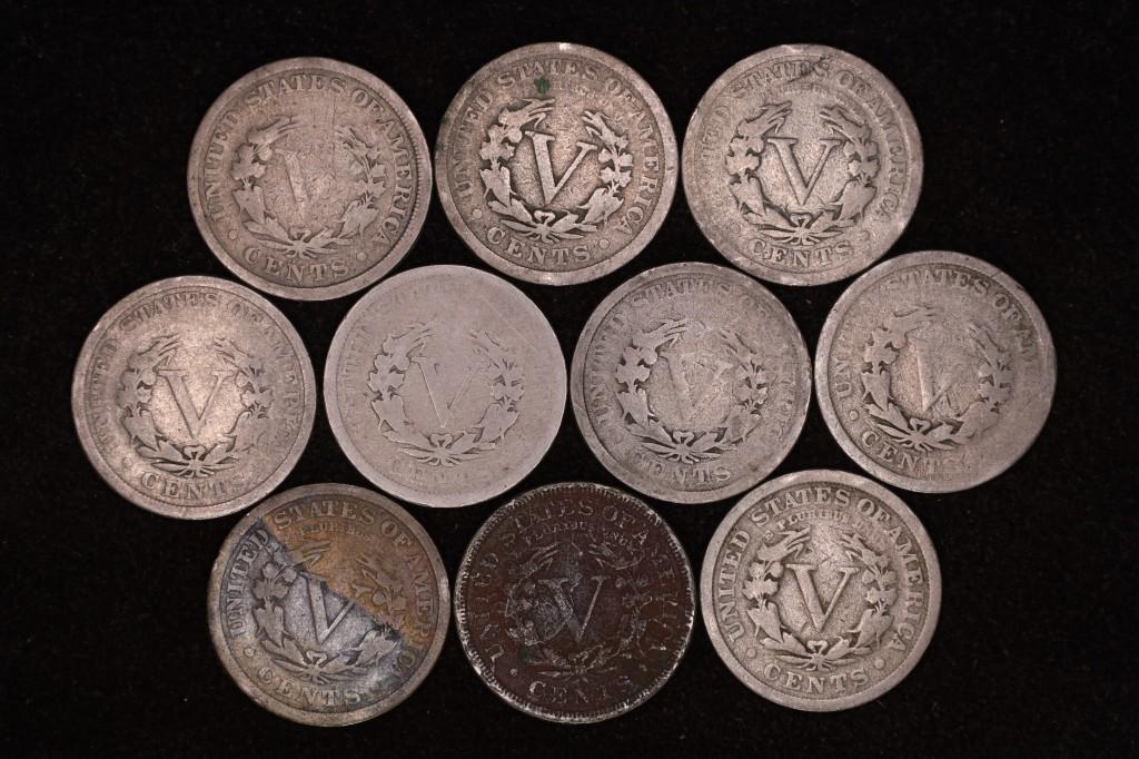 10 ASSORTED LIBERTY "V" NICKELS: 1901-1912