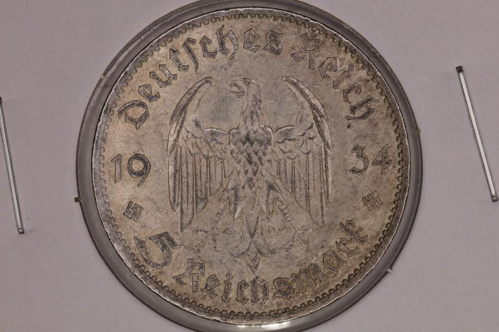 1934-E GERMAN SILVER 5 MARK .4016 OZ. ASW WITH